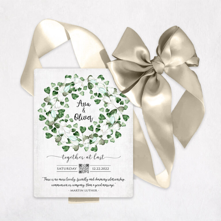 Greenery wreath metal wedding invitation deluxe suite with ribbon and bow