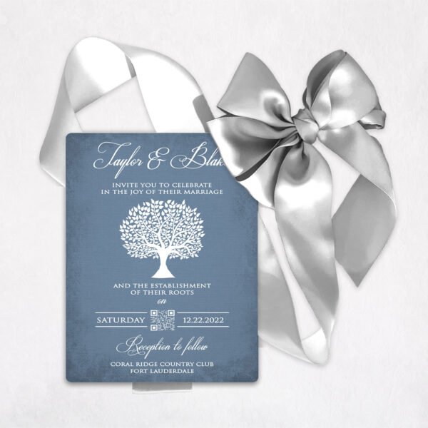 Blue and Silver Faux Linen Metal Wedding Invitation with QR Code #11101