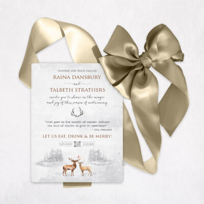 Holiday Elegance Winter Wedding Woodland Deer Antlers Metal Wedding Invitation QR Code #11114