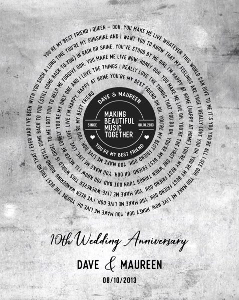 Metal Art Plaque. Wedding Song on Tin Record Label Anniversary Gift for Wife #1910. Personalized 10th anniversary gift for David C.