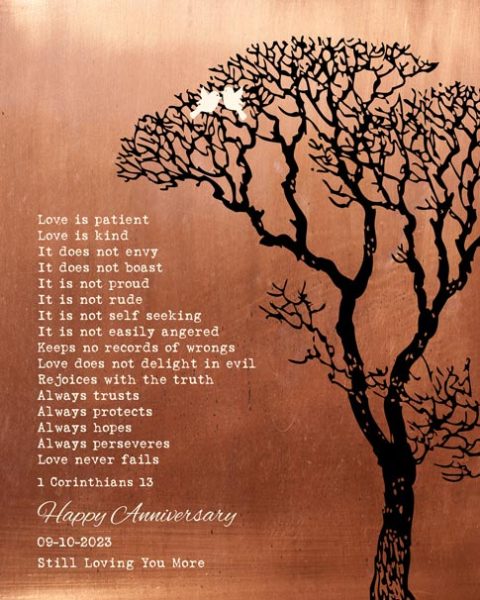 Paper Print. 7 Year Copper Gift for Couple 1 Corinthians 13 #1296. Personalized copper anniversray gift for Ian A.