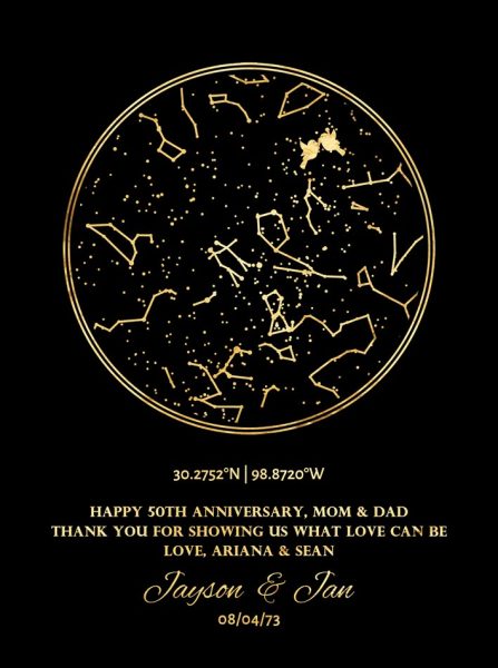 Metal Art Plaque. 50th Golden Anniversary Gift Star Map Gold Black #1760. Personalized 50th anniversary gift for Jan F.
