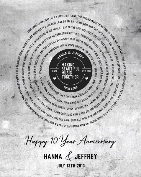 Metal Art Plaque. 10 Year Wedding Song on Tin Record Label #1910. Personalized 10 year anniversary gift for Jeffrey L.