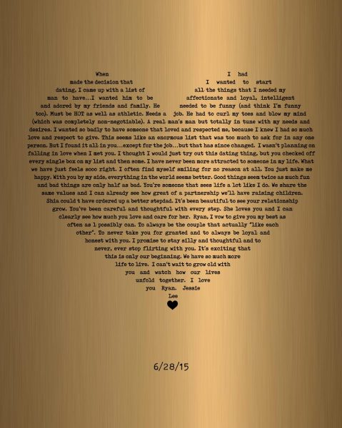 Canvas Print. Love Letter on Brass Written in Heart Anniversary Canvas #1790. Personalized 8th anniversary gift for Jessie C.
