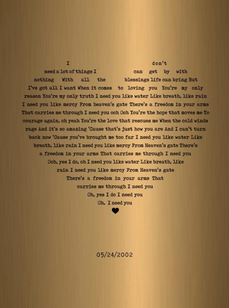 Metal Art Plaque. Wedding Song on Brass Anniversary #1790. Personalized brass anniversary gift for Joe M.