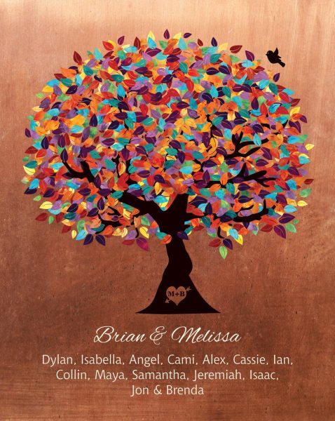Metal Art Plaque. 7th Anniversary Colorful Family Tree #1171. Personalized copper anniversary gift for Melissa S.