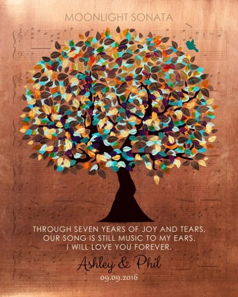 Paper Print. 7th Anniversary Gift Colorful Tree on Sheet Music #1336. Personalized copper anniversary gift for Mary S.