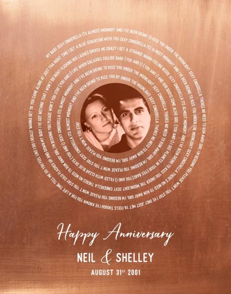 Metal Art Plaque. Wedding Song Lyrics on Copper Vinyl Round for 22 Years #1908. Personalized 22 anniversary gift for Shelley S.