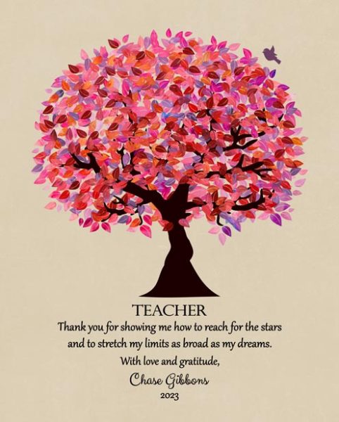 Paper Print. Pink Tree Teacher Gift #1173. Personalized end of school gift for Shelly G.