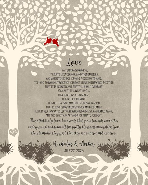 Read more about the article Two Trees Entwined Captain Corelli Wedding Reading Plaque #1766 – Print for Jean S